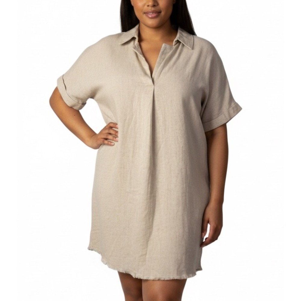 BAD LITTLE COUNTRY GIRL Tina Oatmeal Beige Linen Blend SHIRT DRESS Fray Hem 2X